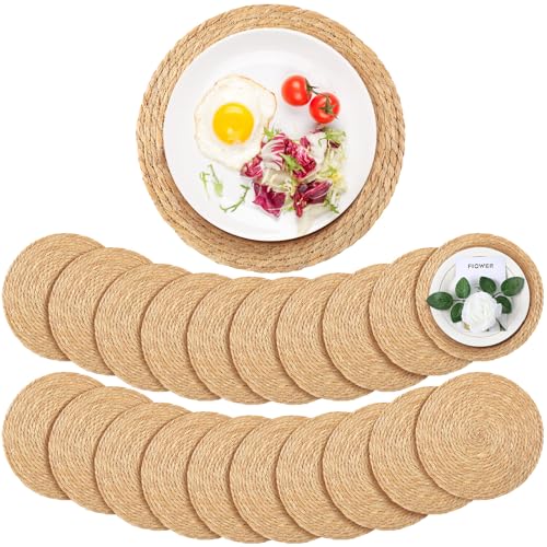 Colingmill 20 Pcs Round Woven Rattan Placemats, 13 Inch Rattan Placemats Natural Straw Hand Woven Farmhouse Round Place Mats for Dining Table Home Wedding Baby Shower Dinner