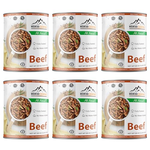 MOUNTAIN ESSENTIALS All Natural Canned Beef 28 Oz – Fully Cooked, Ready to Eat, Gluten Free – Canned Meat for Daily Use, Emergency, Survival & Camping – 5-Year Shelf Life – Made in USA – Pack of 6