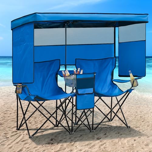 WTVIDAS Double Beach Chair with Canopy Shade Heavy Duty Camping Chairs with Cup Holder Folding Loveseat for Outside Lawn