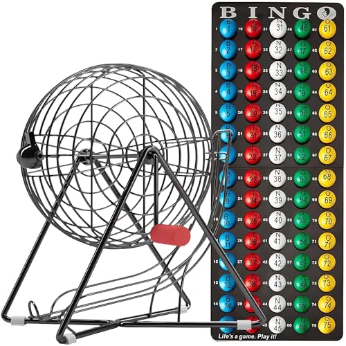 MR CHIPS 11" (Inch) Tall Professional Bingo Set with Steel Cage, Everlasting 7/8” Balls, Master Board for Balls - Mysterious Black Color