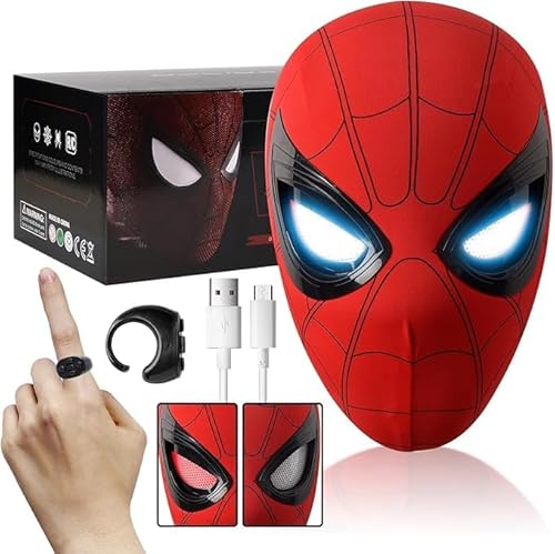 Simccppley Spider Mask, Electric Spider Superhero Role-Playing Mask with Moving Eyes and LED Lights, Movable Eyes Remote Control Mask