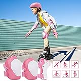 WayEee Kids Bike Helmet Set Skateboard Knee Pads, 7PCS Protective Gear Adjustable for Girls Boys 3-10 Age Elbow Pads Wrist Guards for Outdoor Sports Cycling Bike Roller Skating Scooter, Youth, Pink