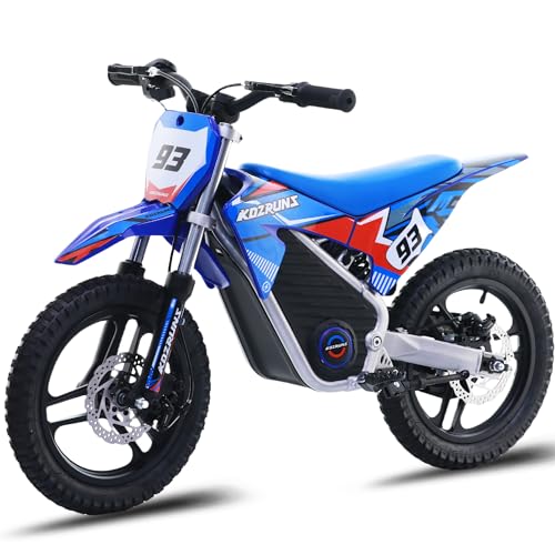 OLALA 36V Electric Dirt Bike for Kids Aged 5-8, Brushless 350W Racing Grade Electric Motorcycle, Up to 18.6MPH & 3 Speed Settings, Dual Disc Brakes, 14'' Off-Road Knobby Tires, Blue