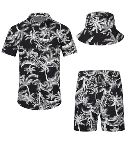 EISHOPEER Men's Black Palm Tree Hawaiian Shirt and Short 2 Piece Outfits Sets Hawaii Shirts Suits with Bucket Hats Black Large