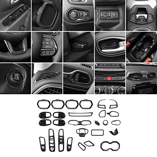 CheroCar 31 PCS Full Set Interior Decoration Trim Kit Steering Wheel Cover Door Handle Cover Air Outlet Cover Cup Holder Gear Cover Trim Door Speaker Cover for Jeep Renegade 2016-2018,Carbon Fiber…