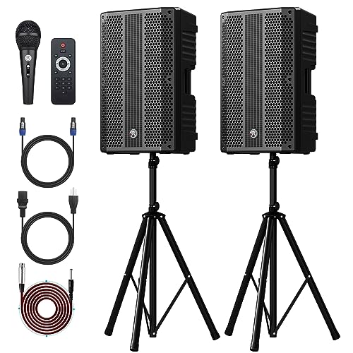 NBVOICE PA Bluetooth Speaker 15" (Pair) Bundle with 2X Steel Speaker Stand,Dual Speaker PA System, Active+Passive DJ/PA Speakers Package with Mic,Support Guitar/USB/FM/AUX for Theatre, Concert Hall