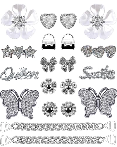 BKKrit Croc charms Bling Jibbitz for Crocs Designer Shoes Accessories for Women Girls Teens Bling Chain Shoes Charms Butterfly Flower Jewelry Decorations for Clog Shoes Decoration, Silver