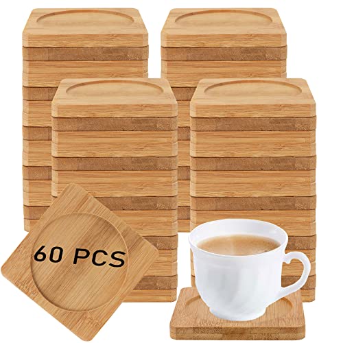 HOIGON 60 Pack 3.7 Inch Bamboo Coasters, Natural Wooden Coasters, Square Bamboo Tray Saucer Set for Drinks, Crafts, Succulents