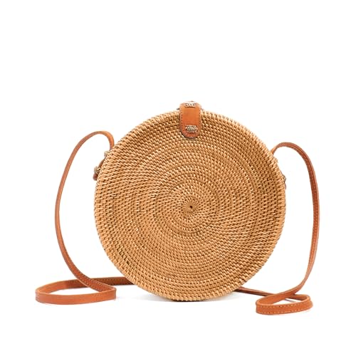 Novum Crafts Rattan Purse - Handmade Ata Straw Purse Wicker Woven Crossbody Bags - Cute Tan Brown Boho Beach Clutch and Handbags - Trendy Vacation Round Circle, Square Summer Purses for Women 2025