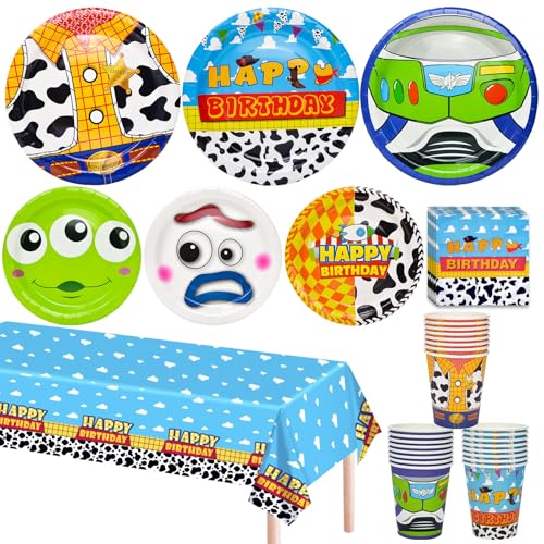 Toy Game Party Birthday Decorations, Toy Birthday Party Favors Supplies 97 Pcs Including Disposable Dinnerware Set Including Tablecloth, Paper Plates, Cups, Napkin, Serves 24 Guest