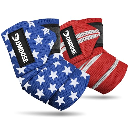 DMoose Fitness Elbow Wraps for Weightlifting (Pair) 40" Adjustable Brace for Joint Support, Pain Relief & Tendonitis - Elbow Straps for Weight Lifting, Bench Press & Gym Workouts (American)