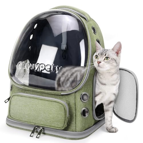 Cawypety Cat Backpack Carrier, Breathable Cat Carrier Large Space Bubble Pet Backpack for Kitty Small Dog up to 15lbs, Transparent & Foldable Pet Carrier for Travel Hiking