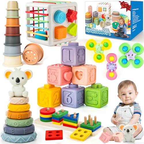 6-in-1 Baby Toys 6 to 12 Months, Montessori Toys for Babies 6-12-18 Months, Infant Teething Toys Stacking Blocks Rings Sensory Bin, Sorting Sensory Educational Learning Toys for Toddlers 1-3