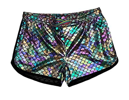 Mens Running Booty Shorts, Zippered Pockets, Rave & Party Short LGBTQ, Gay Rainbow Panda Shorts (Mermaid, M)