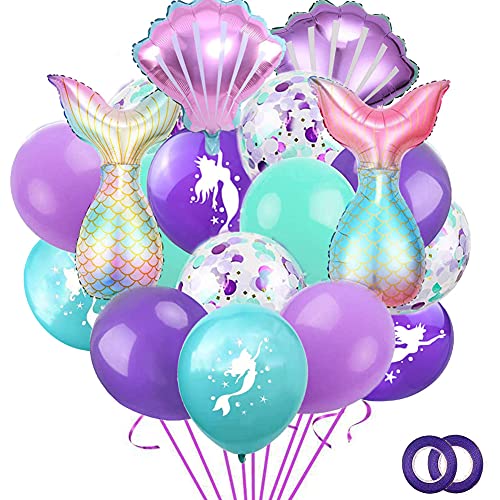 22pc Mermaid Theme Balloons - Helium Foil Mermaid Tail Sea Shells, Latex Confetti, Purple Teal for Mermaid Ocean Under The Sea Theme Party