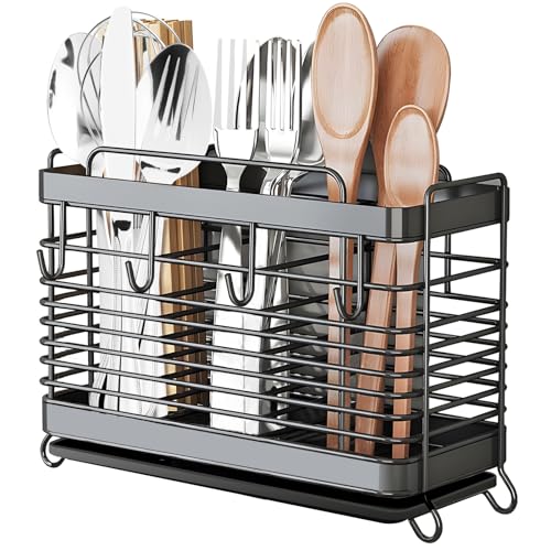 IWNTWY Utensil Holder, Stainless Steel Utensil Drying Rack with Drain Tray, Kitchen Counter Drainer Basket Silverware Cutlery Flatware Holder Forks, Knives, Spoons, Chopsticks Organizer (Black)
