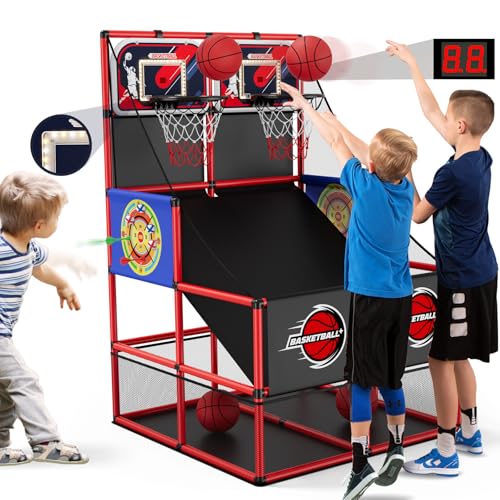 HYES 2 in 1 Dual Shot Basketball Arcade Game with 2 Dart Boards/Electronic Scoreboard/LED Light, Kids Basketball Hoop for Home Indoor Outdoor, Sport Toys Gifts for Boys Girls