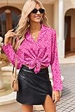 Ekouaer Womens Satin Pajama Sets Long Sleeve Top and Shorts Lounge Set Button Down Sleepwear Leopard Hot Pink M