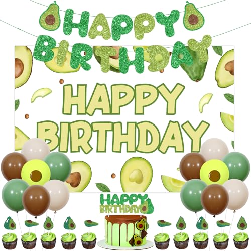 kreat4joy Avocado Birthday Decorations, Avocado Happy Birthday Backdrop Banner Green Balloon, Avocado Theme Cake Decoration Cake Topper for Fruit Avocado Birthday Party