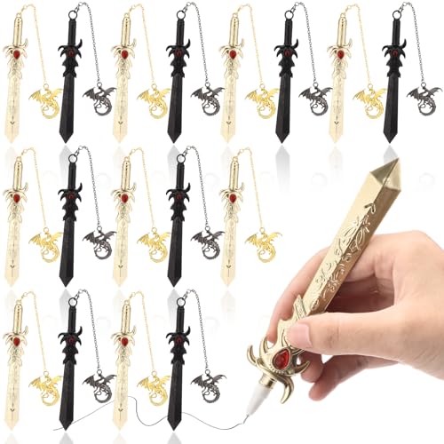 Sayglossy 24 Set Dragon Pens Forth Wing Gifts Bulk 24 Sword Pens and 24 Dragon Pendant Accessories Christian Black Ink Church Religious Gifts for Men Godfather Students Back to School Gift