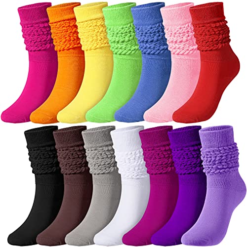 Jeere 14 Pairs Scrunch Socks for Women Colorful Slouchy Neon 80s Style Extra Long Soft Elastic Boot Socks, Size 9-11(Bright Color)