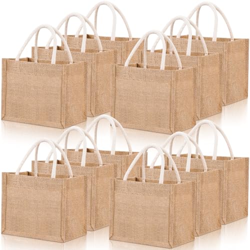 Cunno 12 Pcs Burlap Tote Bag Mini Jute Reusable Bag with Handles Small Blank Canvas Gift Waterproof for Wedding Beach DIY(Classic Style,9.06 x 5.12 x 6.3)