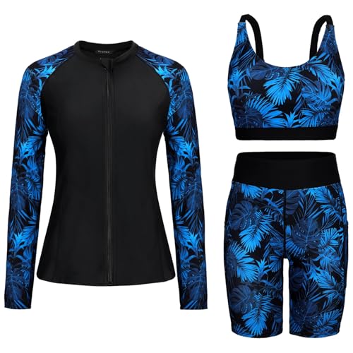 Long Sleeve Swimsuits for Women Full Coverage Rash Guard UV Sun Protection Modest Swim Shirts with Sports Bra Black XL