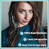 Hair Feathers Extensions Kit, Long Real Rooster Feathers for Hair with DIY Microlink Beads and Loop Tool, Western Turquoise Blue and Brown Naturals