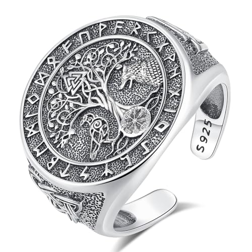 INFUSEU Viking Rings for Men Sterling Silver 925 Norse Pagan Jewelry Women Tree of Life Valknut Raven Yggdrasil Cool Biker Rings Pinky Signet Goth Gothic Gifts Retro Vintage Oxidized