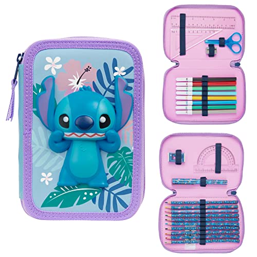 Disney Filled Art Case with Stationery, Art Supplies Coloring Pencils & Markers (Blue Stitch Double Zip)