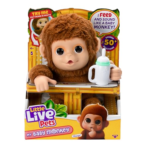 Little Live Pets My Baby Monkey Mango - Interactive Plush Toy, 50+ Sounds & Reactions, Moving Mouth, Bottle Feeding, Thumb Sucking, Grippy Hands & Feet, Soft Cuddly Stuffed Animal – Gift for Kids 4+