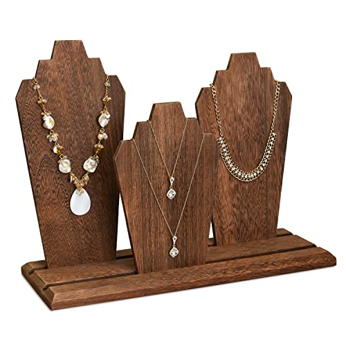 MOOCA Portable Lightweight Multiple Wooden Necklace Display Stand with 2-Row Holder, 3 Removable Displays, and Pegs on the Back, Brown Color