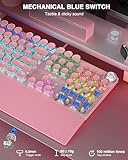 AULA F2088 Typewriter Style Mechanical Gaming Keyboard,Rainbow LED Backlit,Removable Wrist Rest,Media Control Knob,Retro Punk Round Keycaps,USB Wired Computer Keyboard,Pink