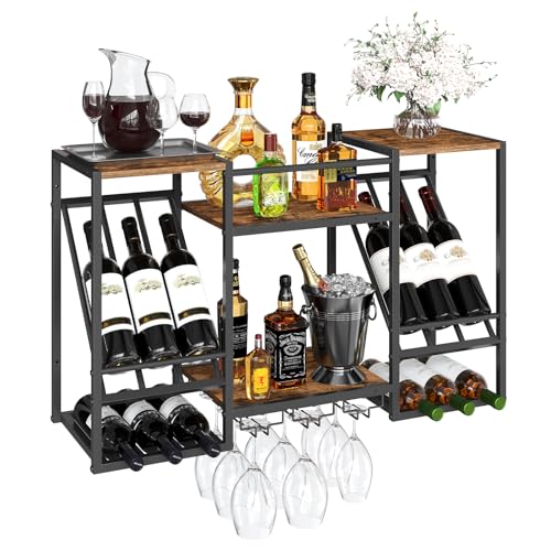 HOOBRO Wine Rack Wall Mounted, 3 Tier Wall Wine Rack with Glass Holder, Wine Bottles Display Storage Shelf, for Home Bar Dining Room, Kitchen, Living Room, Rustic Brown and Black BF23BJ01