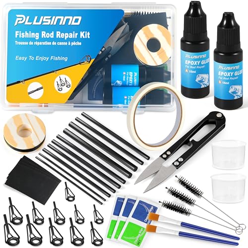 PLUSINNO Fishing Pole & Rod Repair Kit,Complete Supplies for Fishing Pole Tip Replacement with Epoxy Glue,Carbon Fiber Sticks,Top Eyelets and Wrapping Thread.