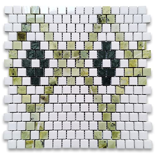 Stone Center Online Thassos White Marble 5/8x5/8 Square Diamond Mosaic Tile w/Green Marble Polished Kitchen Bath Wall Floor Backsplash Shower (1 Sheet)