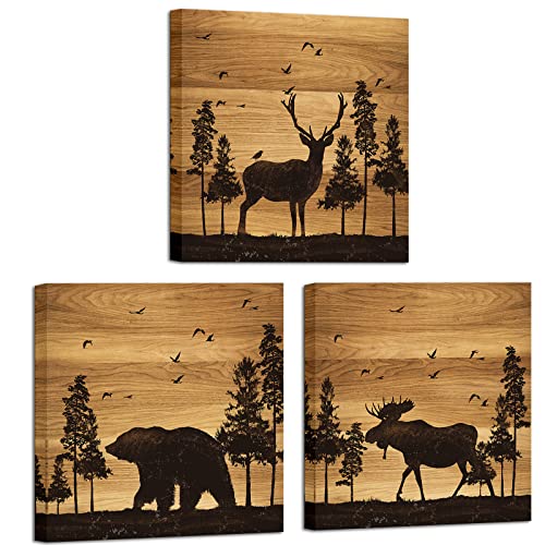 Apicoture Bear Elk Moose Wall Pictures Forest Landscape Hunting Theme Woodland Animal Painting Framed Canvas Artwork Farmhouse Wall Decor 12"x12"x3 Panels