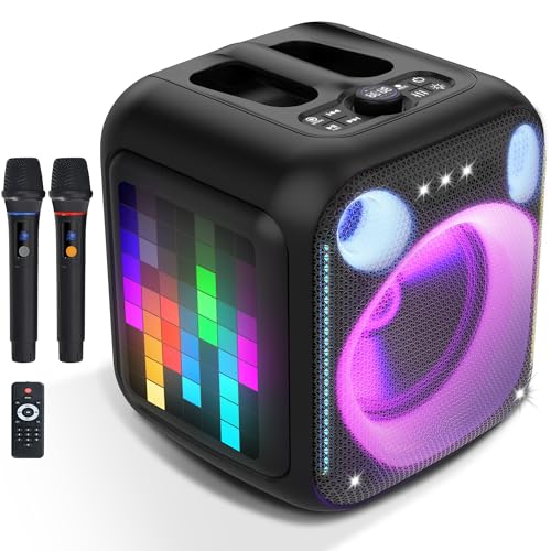 ELIRIRA Pixel Box Karaoke Machine Bluetooth Portable Party Speaker PA System 2 UHF Wireless Microphones,Big Loud Large Subwoofer 180W Bass,Dynamic LED Lights, for Adults Outdoor TWS AUX USB TF