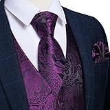 DiBanGu Mens Vest and Tie Set Formal Paisley Waistcoat and Necktie Pocket Square Cufflinks Silk Suit Vest for Tuxedo Wedding, Black Purple, XX-Large