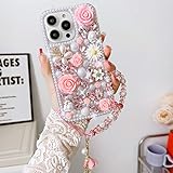 Changjia for iPhone 15 Glitter Bling Case, Cute Luxury 3D Crystal Rhinestone Diamond Sparkle Shiny Gems Flower Pearl with Lanyard Wrist Strap Women Girls Protective Case for iPhone 15 6.1 inch (Pink)