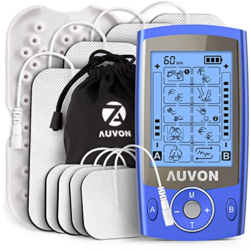 AUVON Dual Channel TENS Unit Muscle Stimulator Machine with 20 Modes, 2" and 2"x4" TENS Unit Electrode Pads (Blue)