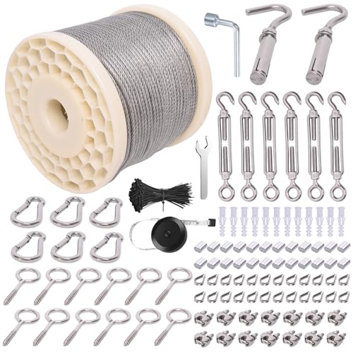 300FT 1/8" Wire Rope Kit, Vinyl Coated 304 Stainless Steel Wire Cable, 7x7 Strands 920LBS Breaking Strength, M5 Turnbuckle for Cable Wire, String Light Hanging Kit for Outdoor, Garden, Clothesline