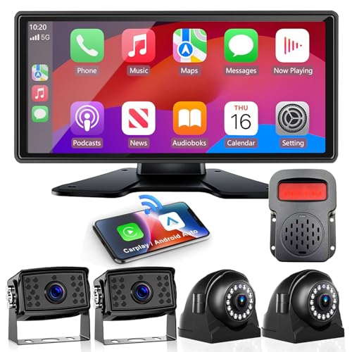 RV Backup Camera with Carplay Android Auto for RV Horse Trailer Semi Box Truck,1080P HD 4 Splits 10.36" Touch Monitor Rear/Side Backup Cameras with Mirror Link FM Waterproof Night Vision DVR Recording