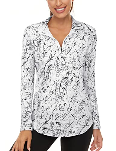Luranee Women's Sun Protection V-Neck Zipper Shirt - Moisture Wicking Long Sleeve Gymwear - Marble, Large
