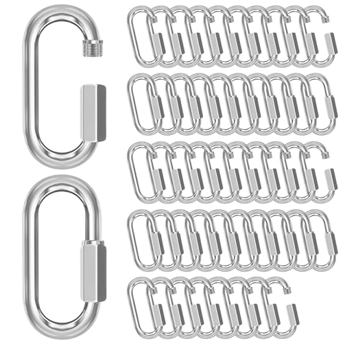 phepetroll M6-50 Pack 2.3” Quick Links Chain Connectors, 1/4″ Galvanized Chain Locking Carabiners Hooks, 620LBS Heavy Duty Thread Quick Link Clips, Twist Oval Keychain D Shape for Swing, Camping