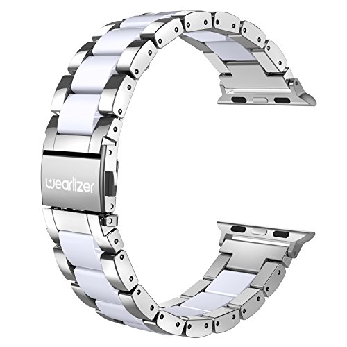Wearlizer Silver Compatible with Apple Watch Band 38mm 40mm 41mm, Fashion Womens Men Stainless Steel Strap White Resin Wristband Replacement Bracelet Metal iWatch Ultra 2/Ultra/SE/10/9/8/7/6/5/4/3/2/1