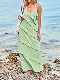 Wenrine Womens Sexy Chiffon Halter Maxi Dress Sleeveless Backless Ruffle Tassel Party Club Dresses Light Green