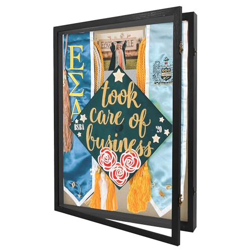 GraduatePro Graduation Shadow Box Frame 18x24 Display Case with Linen Back, Plexiglass Window Door with Hinge, Picture Frame Wedding Bouquet Memorabilia Medals Photos Memory Box for Keepsakes Black