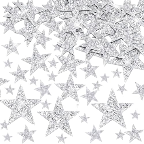 Geosar 120 Pcs 4 Sizes Iron on Star Patches Star Shaped Rhinestone Appliques Adhesive Glitter Appliques Embellishments for DIY Crafts Clothes Graduation Decor(Silver)