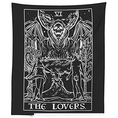 The Lovers Tarot Card Tapestry (Black & White) - Grim Reaper - Gothic Couple Halloween Home Decor Wall Hanging (59" x 51")